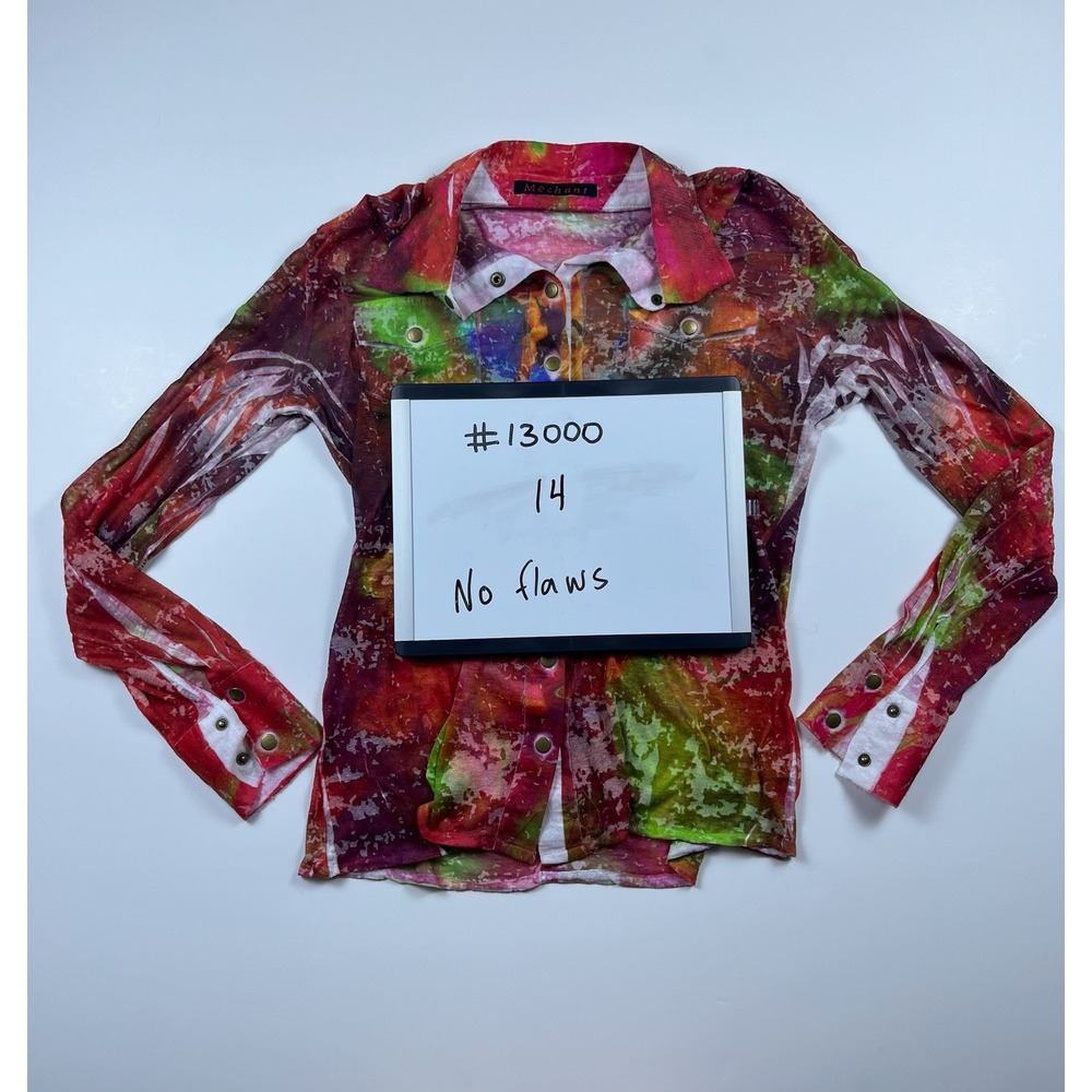 Boho Hippie Chic Women Multi Color Abstract Tie Dye Sheer Mesh Snap Shirt Medium